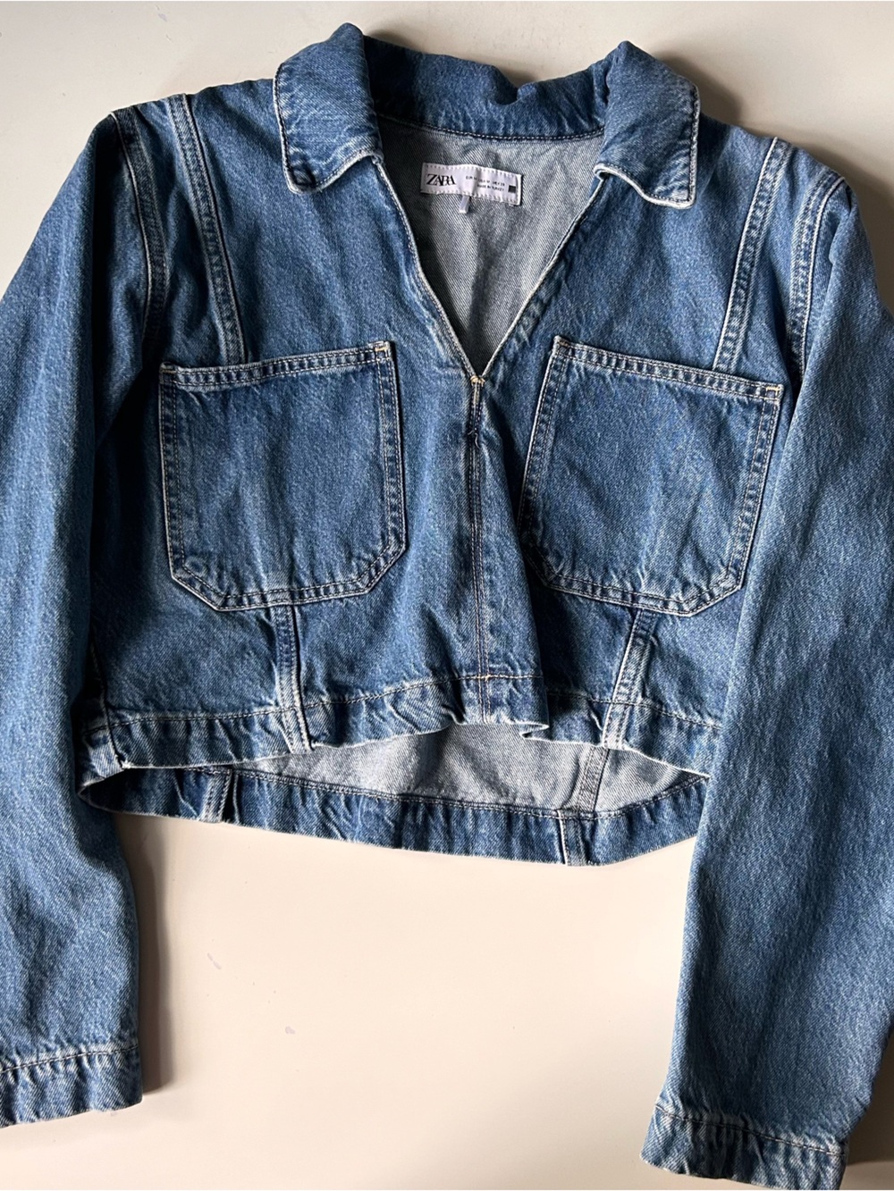 Zara denim cropped long sleeve top